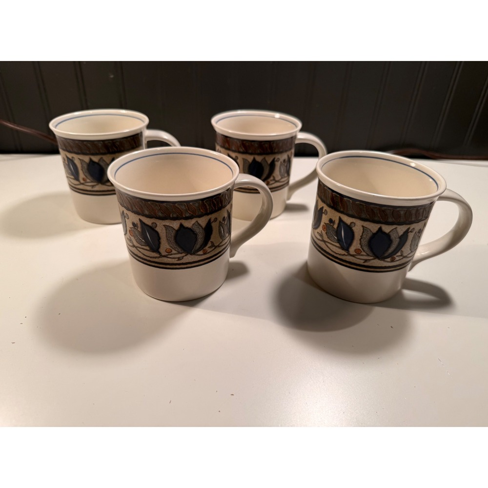 Mikasa Intaglio Arabella CAC01 Mugs Set of 4 Blue Floral Ceramic Coffee Cups